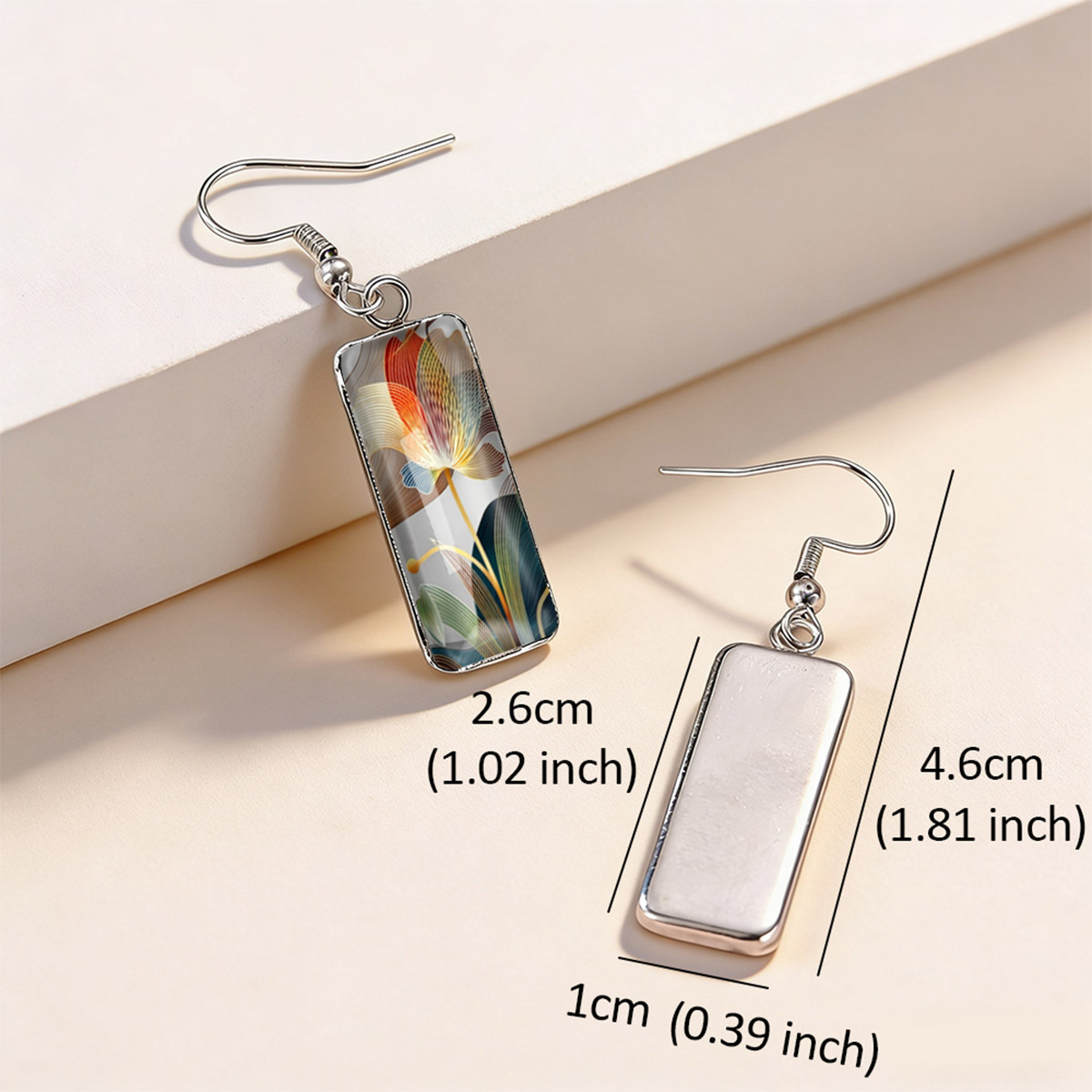 Elegant Rectangular Earrings, Lotus Print Design